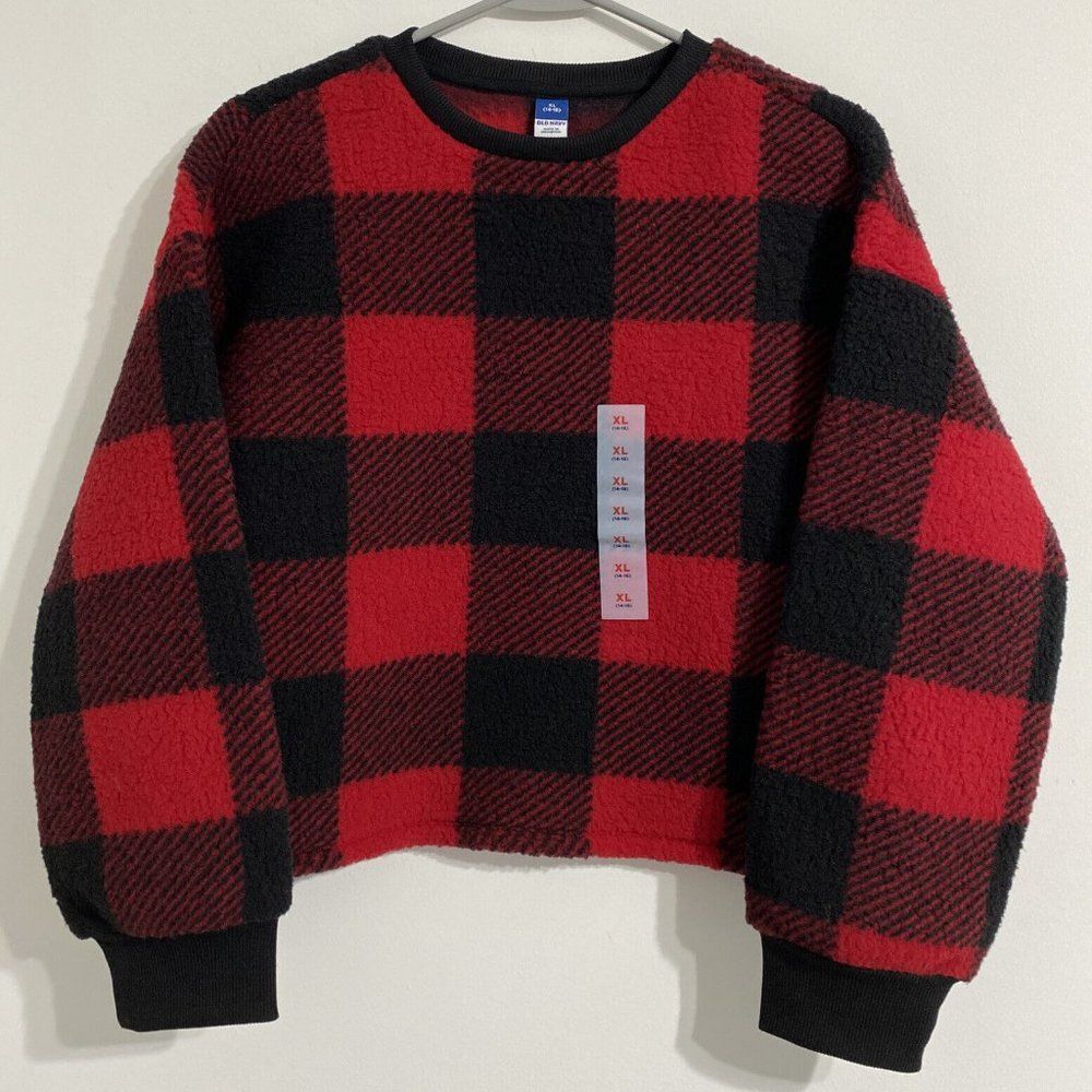 Old Navy Sherpa Shirt Girl's XL 14-16 Red Black Buffalo Plaid Fleece NEW